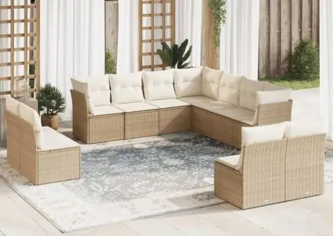 Set canapele de grădină cu perne, 11 piese, bej, poliratan - 1/3