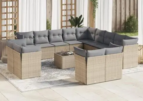 Set canapele de grădină, 14 piese, cu perne, bej, poliratan - 1/3