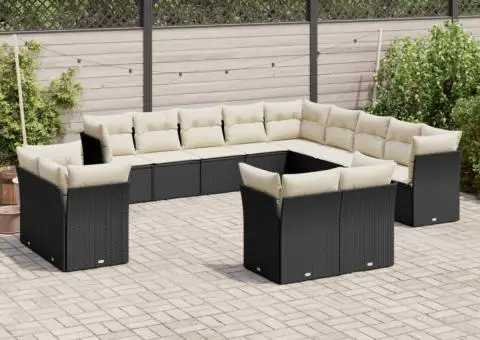 Set mobilier de grădină cu perne, 13 piese, negru, poliratan - 1/3