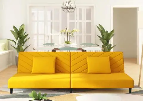 Canapea extensibilă cu 2 locuri, 2 perne, galben, catifea - 1/5