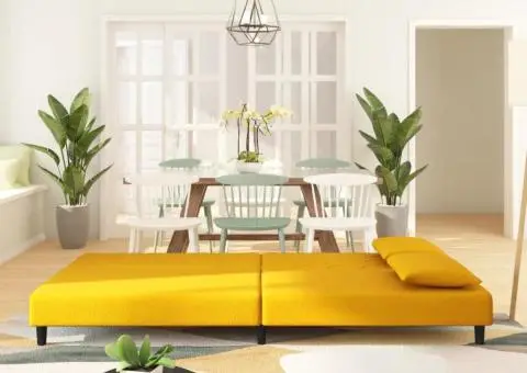 Canapea extensibilă cu 2 locuri, 2 perne, galben, catifea - 3/5