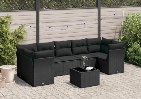 Set mobilier de grădină cu perne, 8 piese, negru, poliratan - 1/3