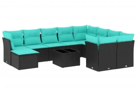 Set canapele de grădină cu perne, 11 piese, negru, poliratan - 2/3