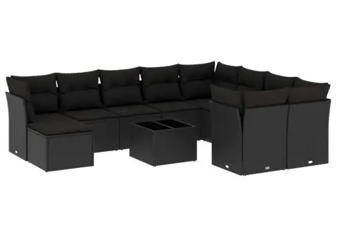 Set canapele de grădină cu perne, 11 piese, negru, poliratan - 2/3