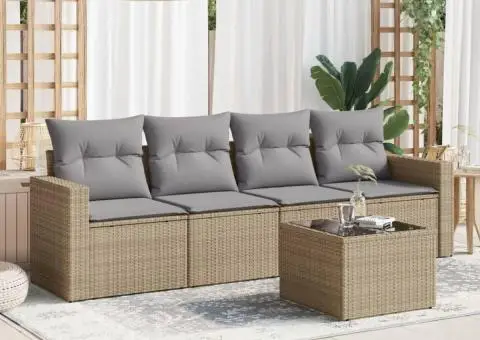 Set canapele de grădină cu perne, 5 piese, bej, poliratan - 1/3