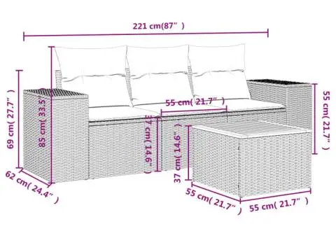 Set mobilier de grădină cu perne, 4 piese, negru, poliratan - 3/3