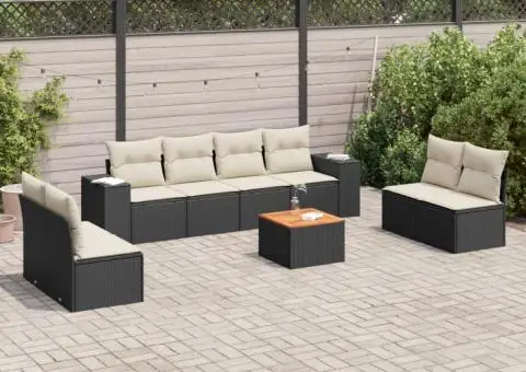 Set mobilier de grădină cu perne, 9 piese, negru, poliratan - 1/3