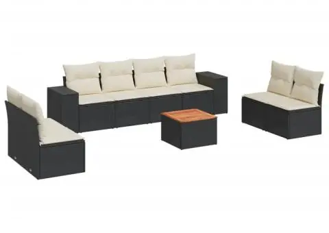 Set mobilier de grădină cu perne, 9 piese, negru, poliratan - 2/3