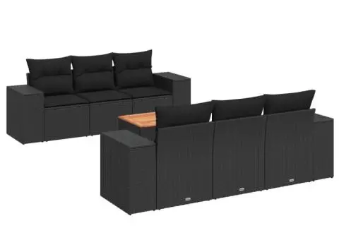 Set canapele de grădină cu perne, 7 piese, negru, poliratan - 2/3