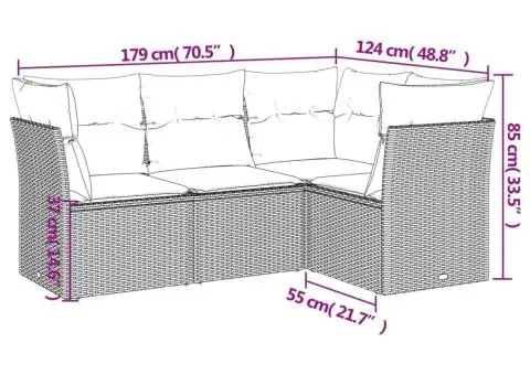 Set canapea de grădină cu perne, 4 piese, gri deschis poliratan - 3/3