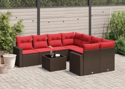 Set canapele de grădină cu perne, 9 piese, maro, poliratan - 1/3