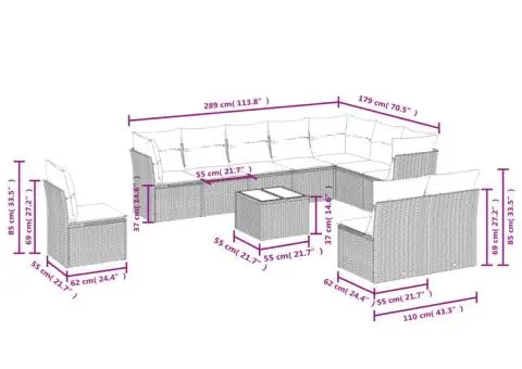Set canapele de grădină cu perne, 11 piese, bej, poliratan - 3/3