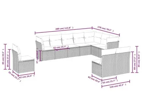 Set canapele de grădină cu perne, 10 piese, maro, poliratan - 3/3