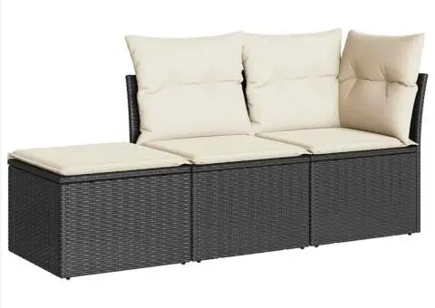 Set mobilier de grădină cu perne, 3 piese, negru, poliratan - 2/4