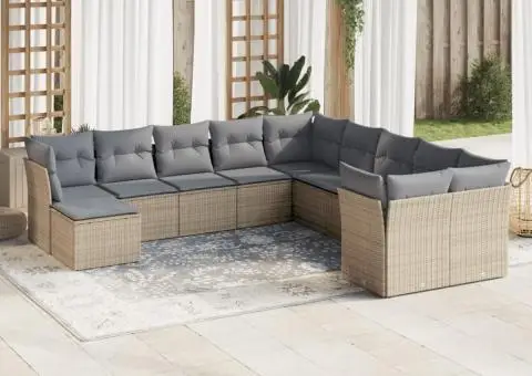 Set canapele de grădină cu perne, 11 piese, bej, poliratan - 1/3