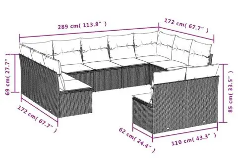 Set canapele de grădină cu perne, 11 piese, bej, poliratan - 3/3