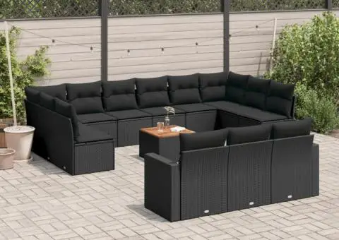 Set mobilier de grădină cu perne, 14 piese, negru, poliratan - 1/3