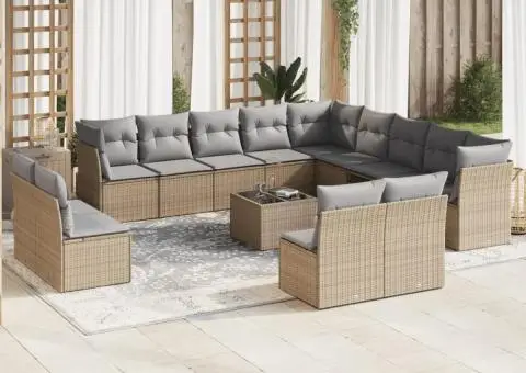 Set canapele de grădină, 14 piese, cu perne, bej, poliratan - 1/3