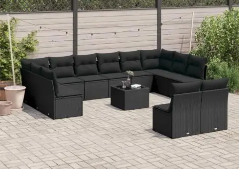 Set mobilier de grădină cu perne, 13 piese, negru, poliratan - 1/3