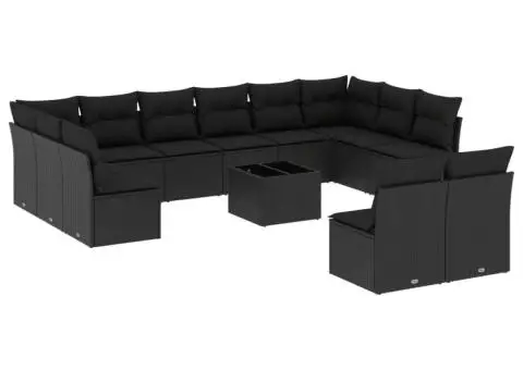 Set mobilier de grădină cu perne, 13 piese, negru, poliratan - 2/3