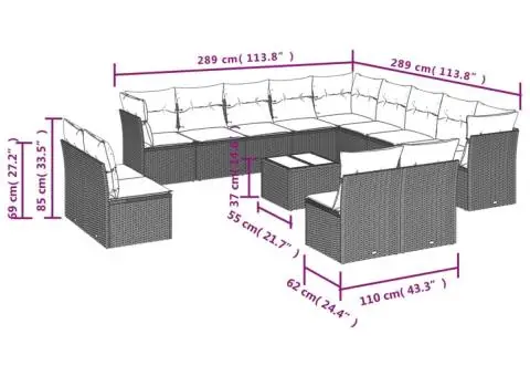 Set mobilier de grădină cu perne, 14 piese, gri, poliratan - 3/3