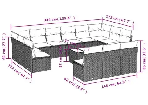 Set mobilier de grădină cu perne, 14 piese, negru, poliratan - 3/3