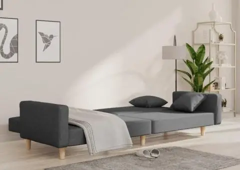 Canapea extensibilă cu 2 locuri, 2 perne, gri deschis, textil - 3/5