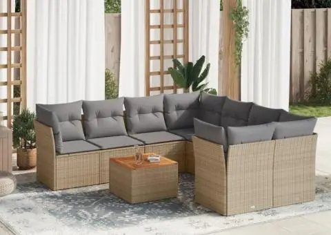 Set canapele de grădină, 9 piese, cu perne, bej, poliratan - 1/3