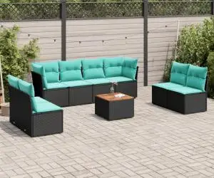 vidaXL Set mobilier de grădină cu perne, 9 piese, negru, poliratan