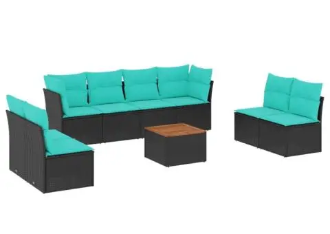 Set mobilier de grădină cu perne, 9 piese, negru, poliratan - 2/3