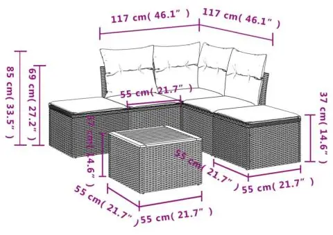Set mobilier de grădină cu perne, 6 piese, negru, poliratan - 3/3