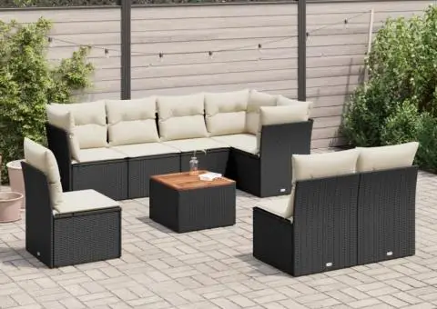 Set mobilier de grădină cu perne, 9 piese, negru, poliratan - 1/3