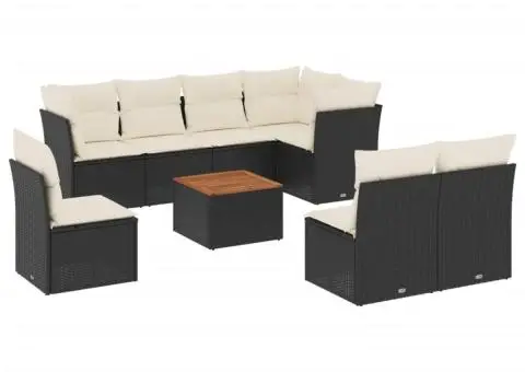 Set mobilier de grădină cu perne, 9 piese, negru, poliratan - 2/3