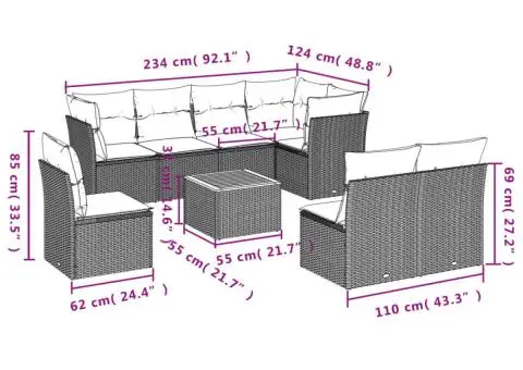 Set mobilier de grădină cu perne, 9 piese, negru, poliratan - 3/3