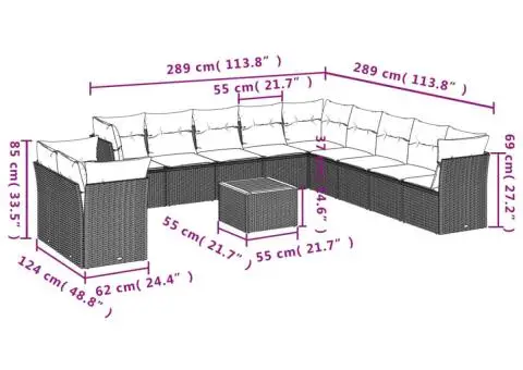 Set canapele de grădină, 12 piese, cu perne, negru, poliratan - 3/3