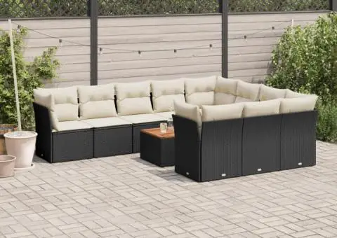 Set canapele de grădină cu perne, 11 piese, negru, poliratan - 1/3