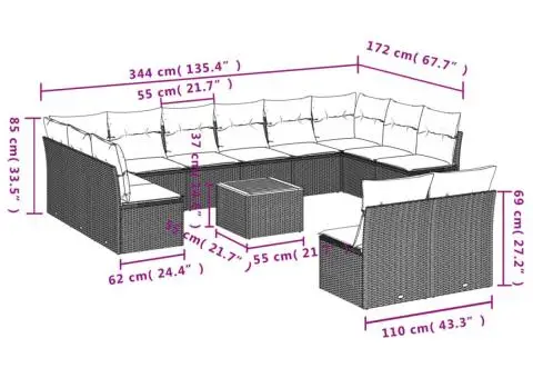 Set mobilier de grădină cu perne, 13 piese, negru, poliratan - 3/3