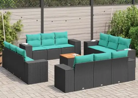 Set mobilier de grădină cu perne, 13 piese, negru, poliratan - 1/3