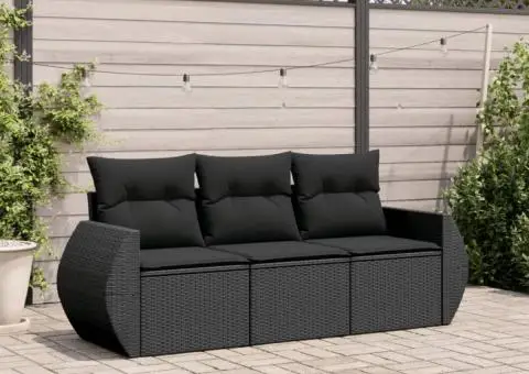 Set mobilier de grădină cu perne, 3 piese, negru, poliratan - 1/3