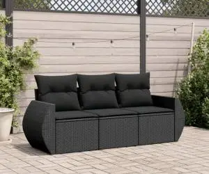 vidaXL Set mobilier de grădină cu perne, 3 piese, negru, poliratan