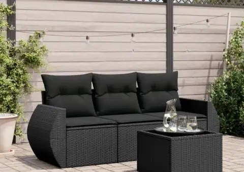 Set mobilier de grădină cu perne, 4 piese, negru, poliratan - 1/3