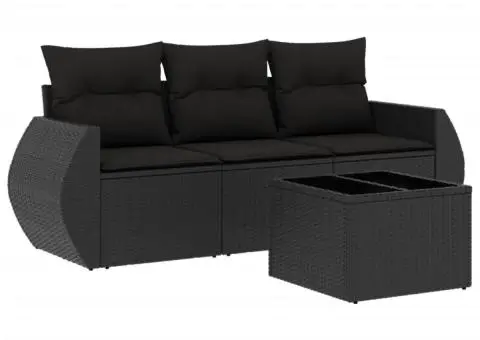 Set mobilier de grădină cu perne, 4 piese, negru, poliratan - 2/3