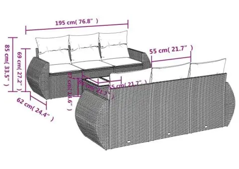 Set canapele de grădină cu perne, 7 piese, negru, poliratan - 3/3