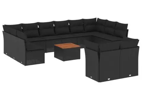 Set mobilier de grădină cu perne, 13 piese, negru, poliratan - 2/3