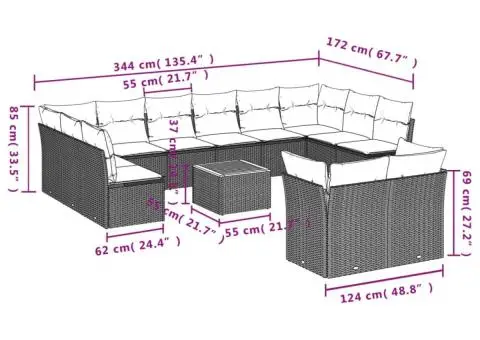 Set mobilier de grădină cu perne, 13 piese, negru, poliratan - 3/3