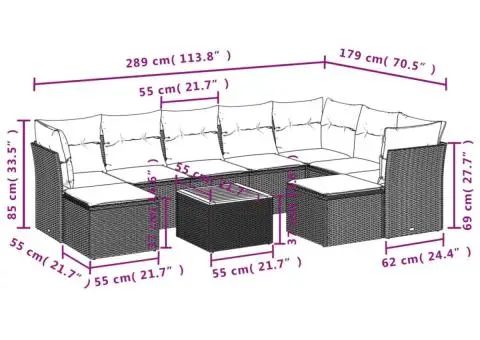 Set canapele de grădină cu perne, 10 piese, bej, poliratan - 3/3