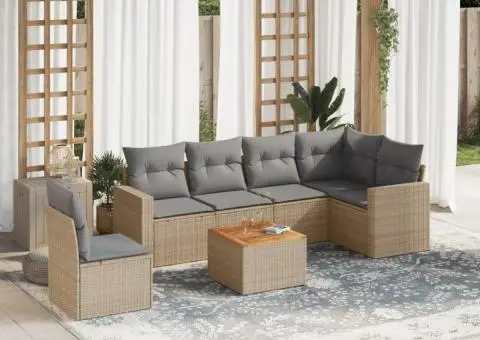 Set canapele de grădină, 7 piese, cu perne, bej, poliratan - 1/3