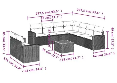 Set canapele de grădină cu perne, 10 piese, negru, poliratan - 3/3