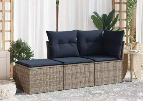 Set canapea de grădină cu perne, 3 piese, gri, poliratan - 1/3