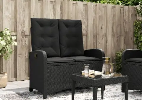 Bancă de grădină rabatabilă cu perne, negru, poliratan - 1/5